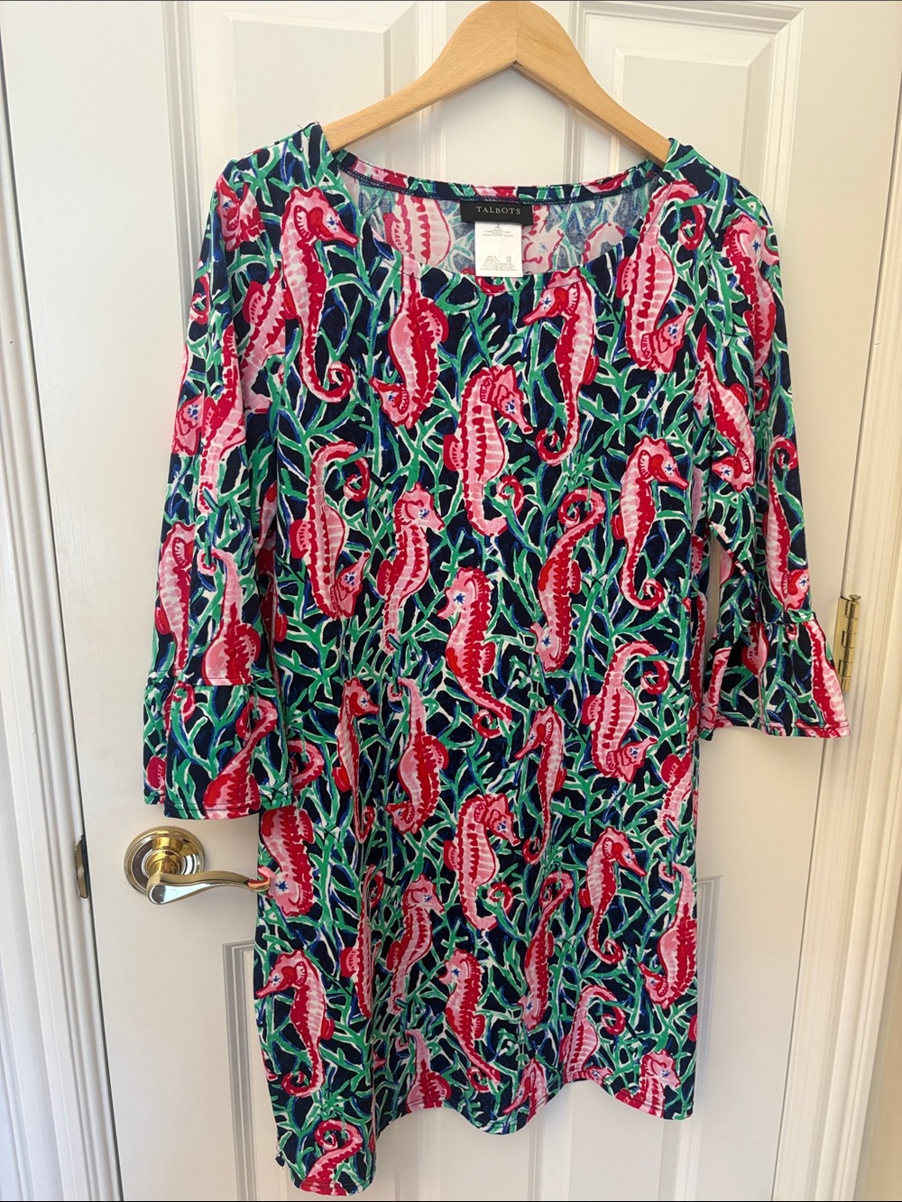 Talbots Navy Dress with Pink Seahorse Print
